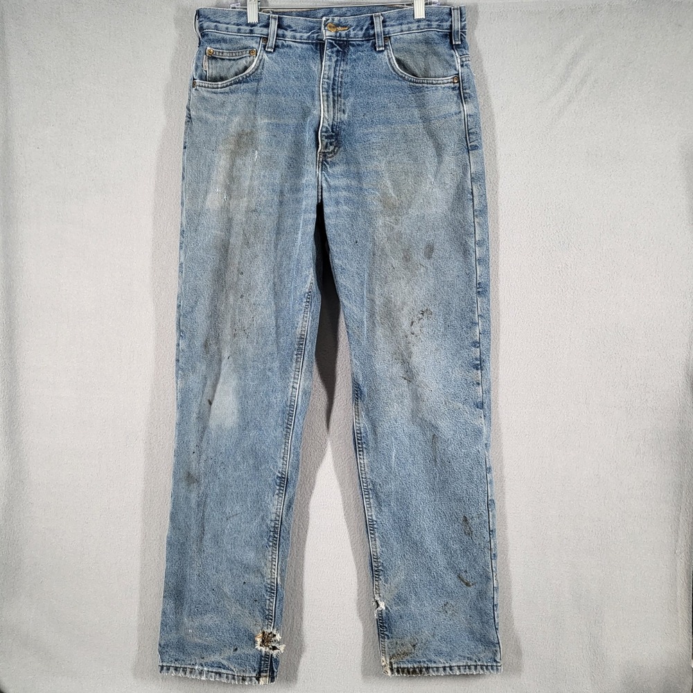 Carhartt Jeans Men's 36x34 Light Wash Denim Relaxed Fit Plaid Lined Distressed